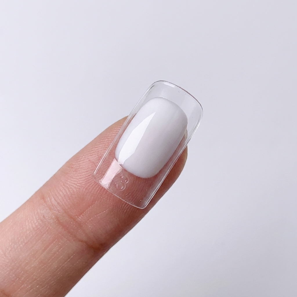 Un primer plano de un pincel aplicando un esmalte de gel blanco lechoso y suave sobre un tip de uña transparente.
