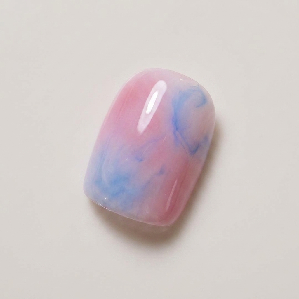 Una uña mostrando una suave mezcla difuminada de esmalte de gel rosa nude y azul claro.