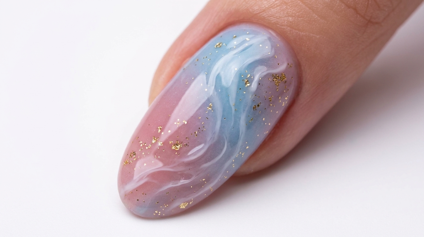Una manicura de ensueño con un degradado en rosa y azul, sutiles texturas de ondas de agua blancas y delicados detalles de purpurina dorada.