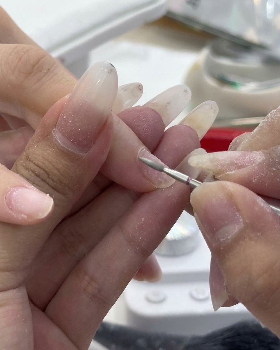 Primer plano de una fina broca de aguja plateada limpiando la zona de la cutícula de una uña.