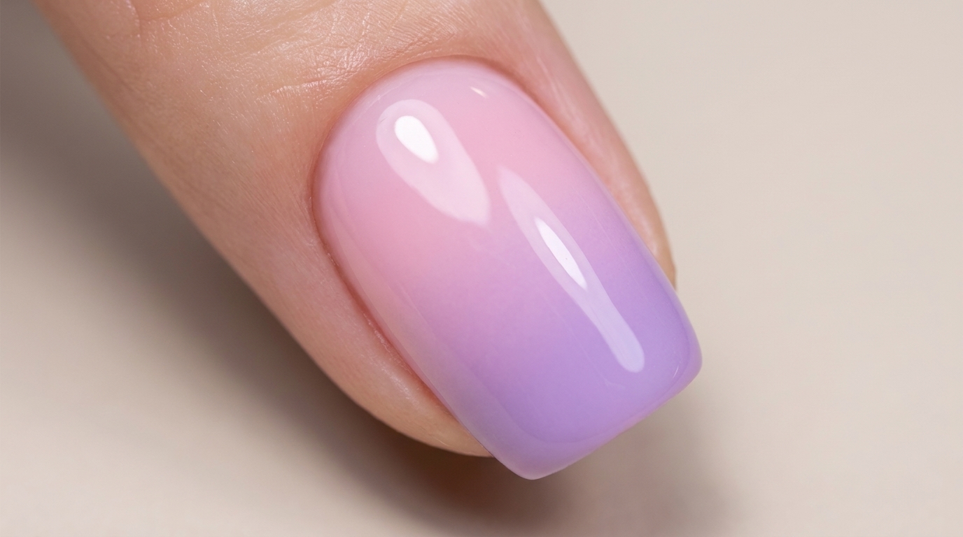 Uñas en gel con degradado de rosa a morado y acabado de alto brillo.