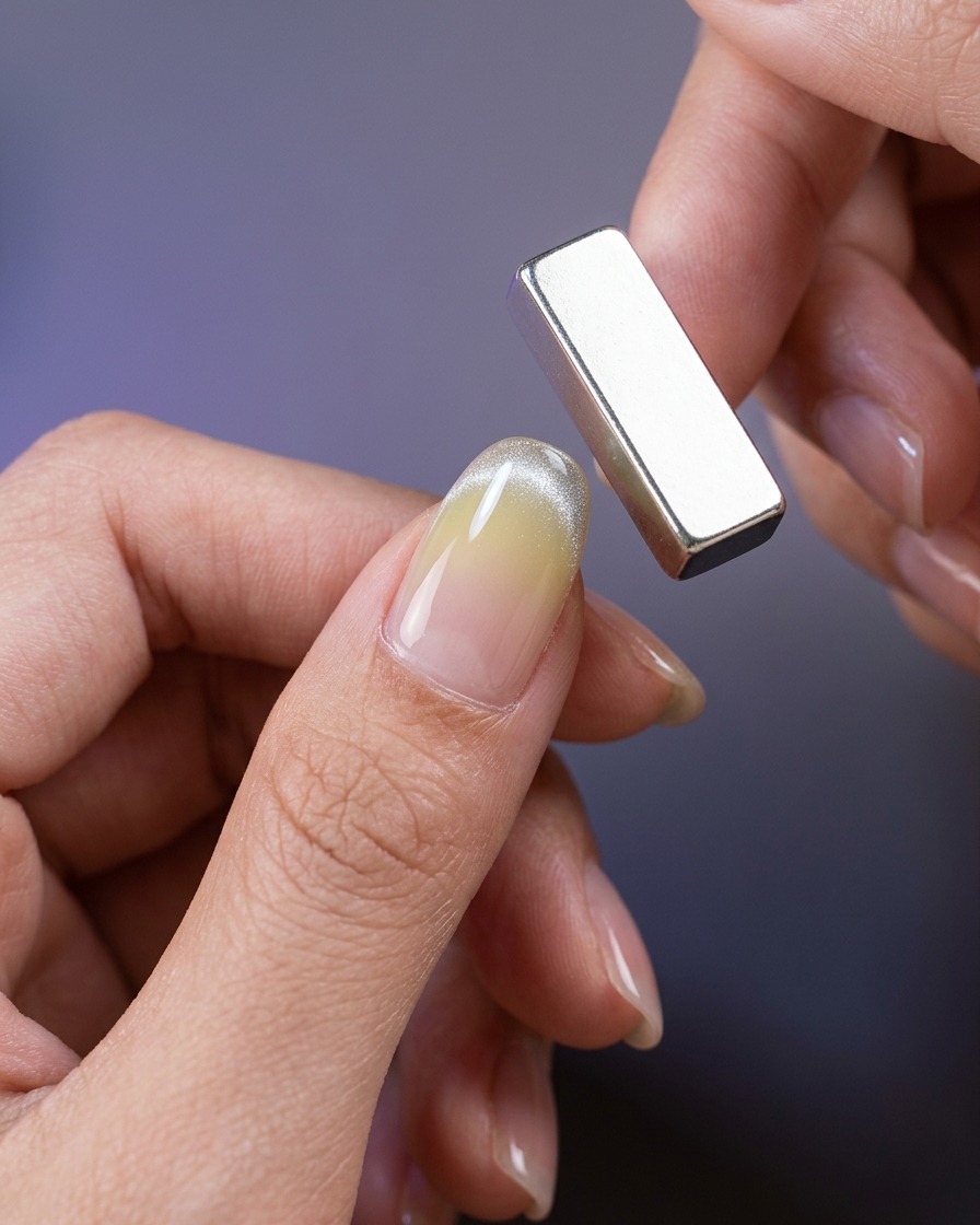 Primer plano de un imán fino utilizado para atraer el esmalte magnético y formar una línea definida en la punta de la uña.