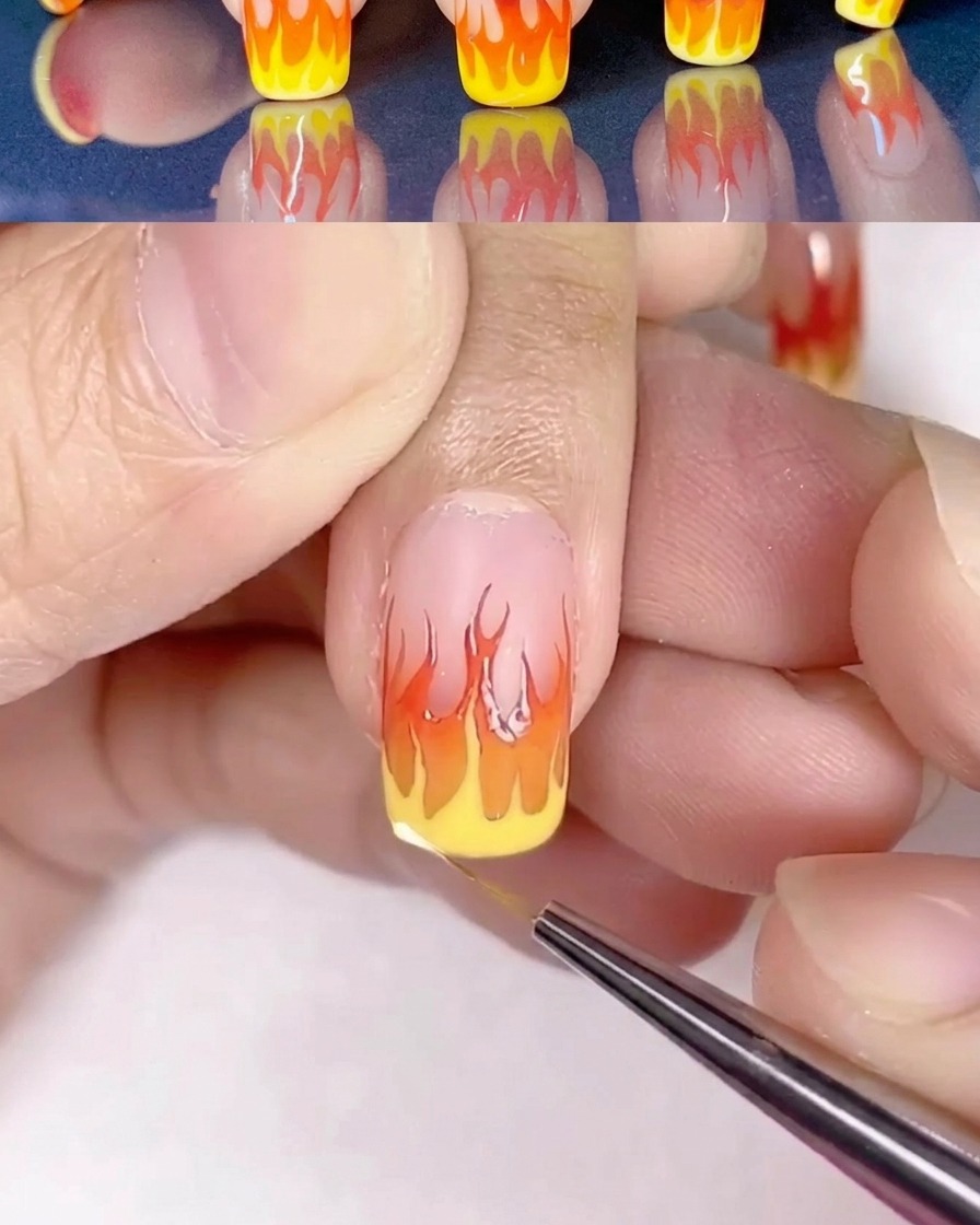 Arte de flamas detallado con reflejos añadidos en color amarillo claro.