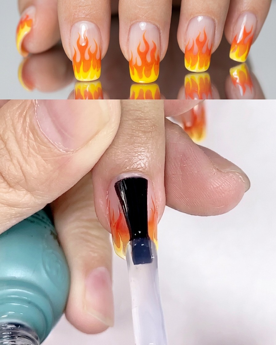 Capa final de top coat transparente aplicada sobre el diseño de uñas de flamas terminado.