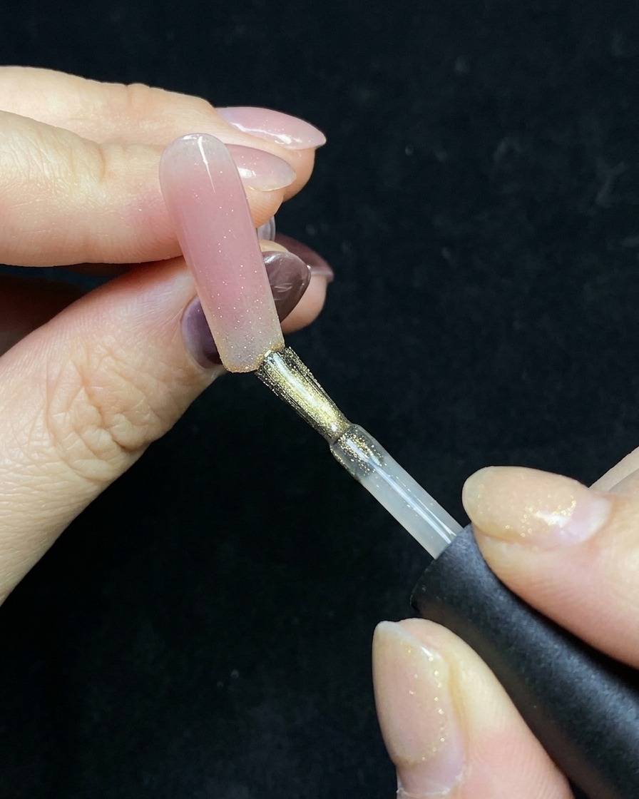 Un pincel aplicando gel cat-eye dorado con purpurina sobre la punta de una uña con base nude.