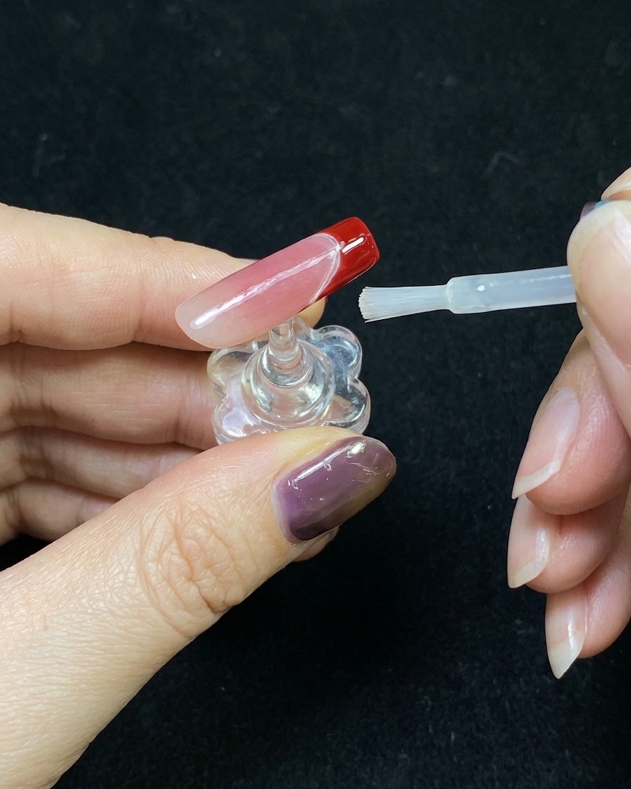 Top coat transparente siendo aplicado sobre un diseño terminado de manicura francesa roja.