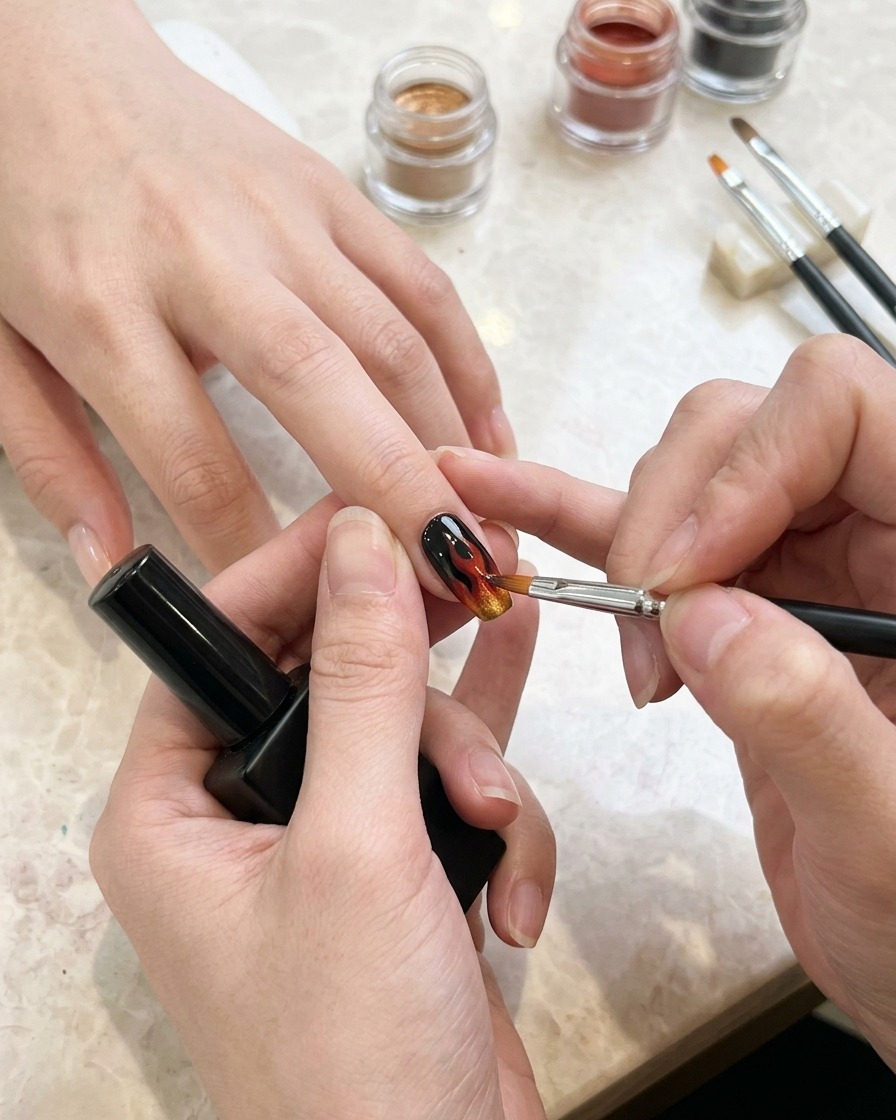 Primer plano de un pincel fino de nail art dibujando formas de llamas blancas sobre una uña pintada de negro.