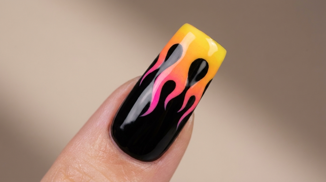 Primer plano de una uña con acabado negro y un diseño de llamas multicolor degradado en la punta.