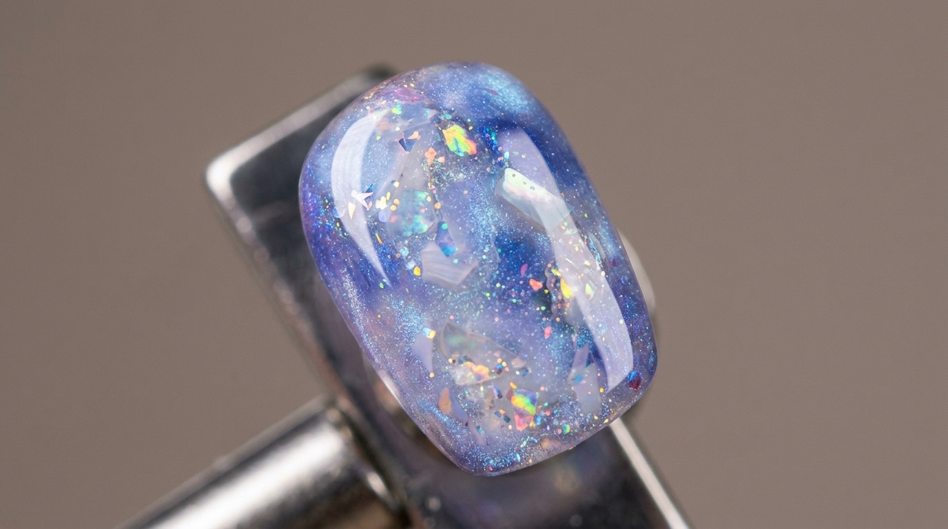 Base de uñas cat-eye en azul y morado con fragmentos de concha, glitter y copos de ópalo bajo un top coat brillante.