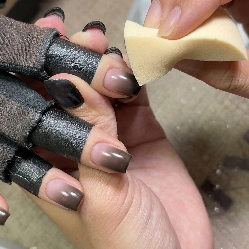 Primer plano de una esponja añadiendo más pigmento negro a las puntas de las uñas para un degradado más profundo.