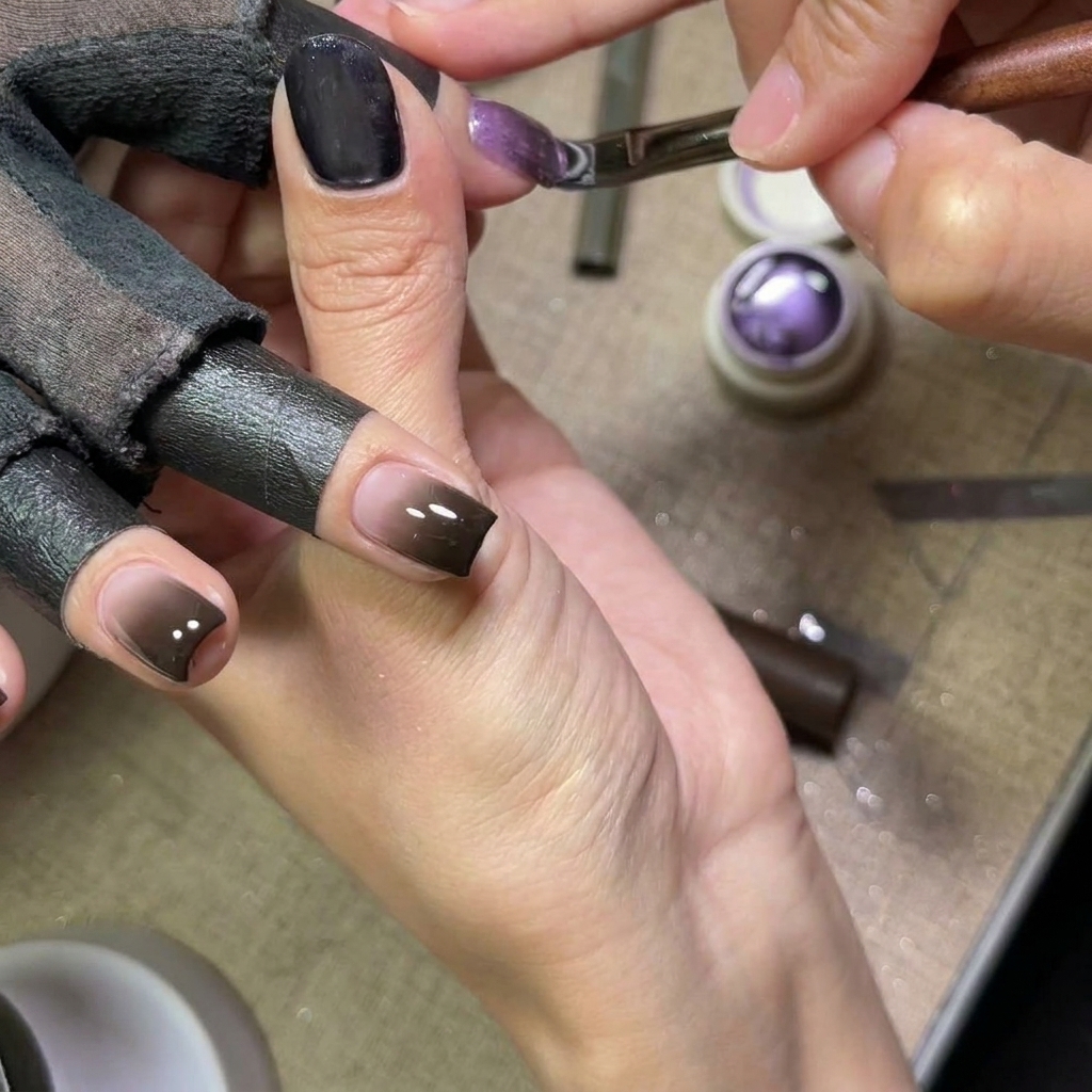 Aplicando una capa de esmalte cat eye morado brillante sobre la uña con degradado.