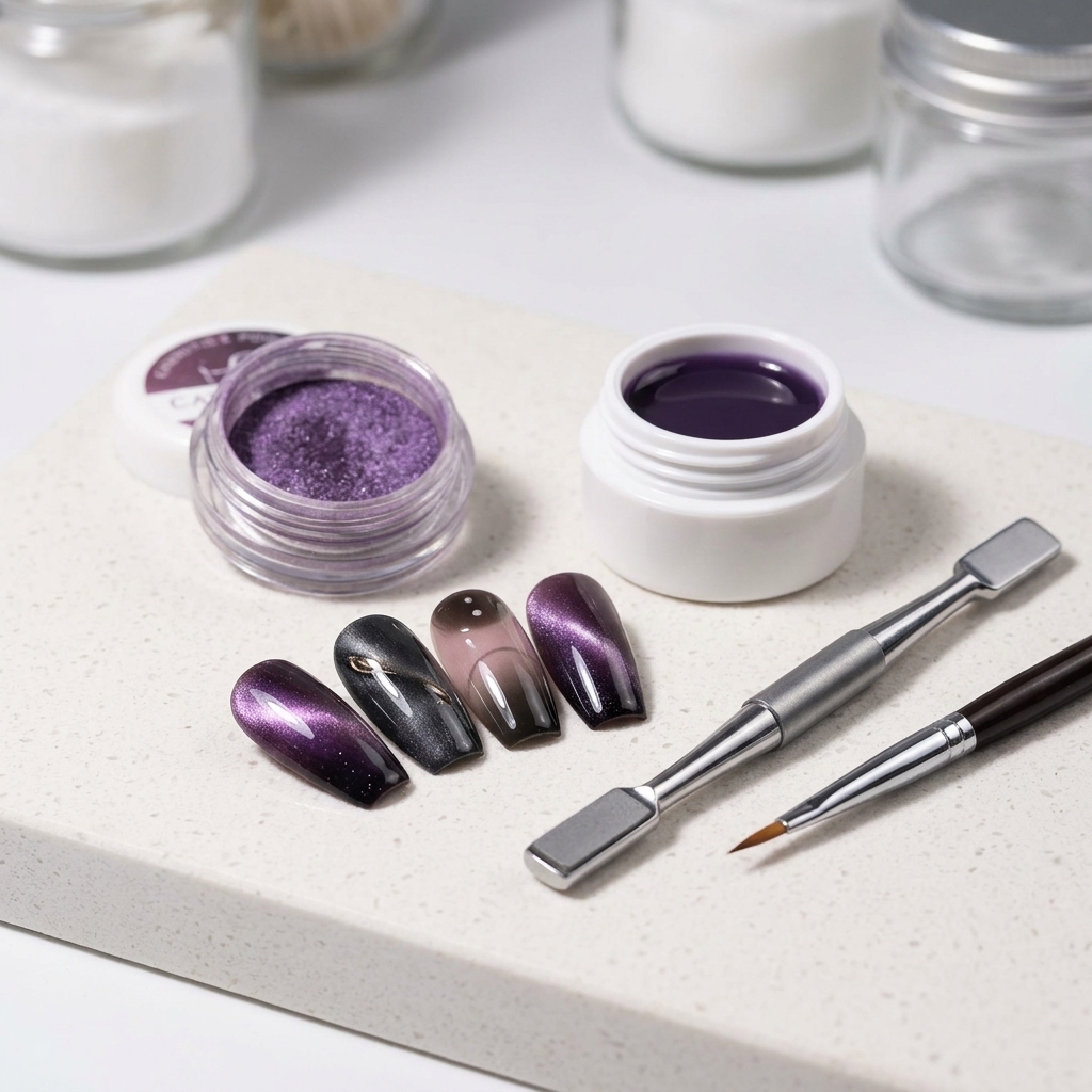 Un imán colocado sobre una uña para dar forma al pigmento cat eye morado en un patrón decorativo.