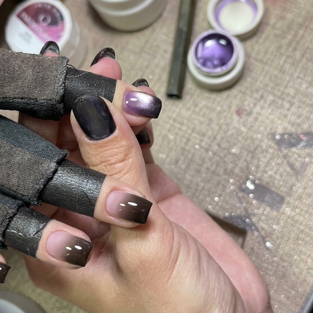 Primer plano de una uña con gel cat eye morado siendo manipulado por una herramienta magnética para realzar el brillo.