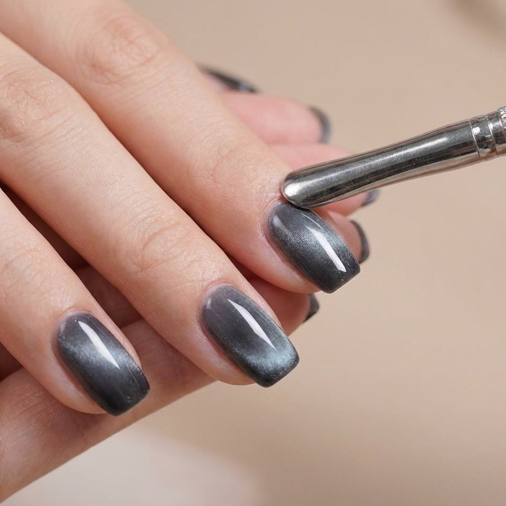 Una herramienta magnética sobrevolando una uña pintada con gel cat eye azul para crear un efecto de brillo.