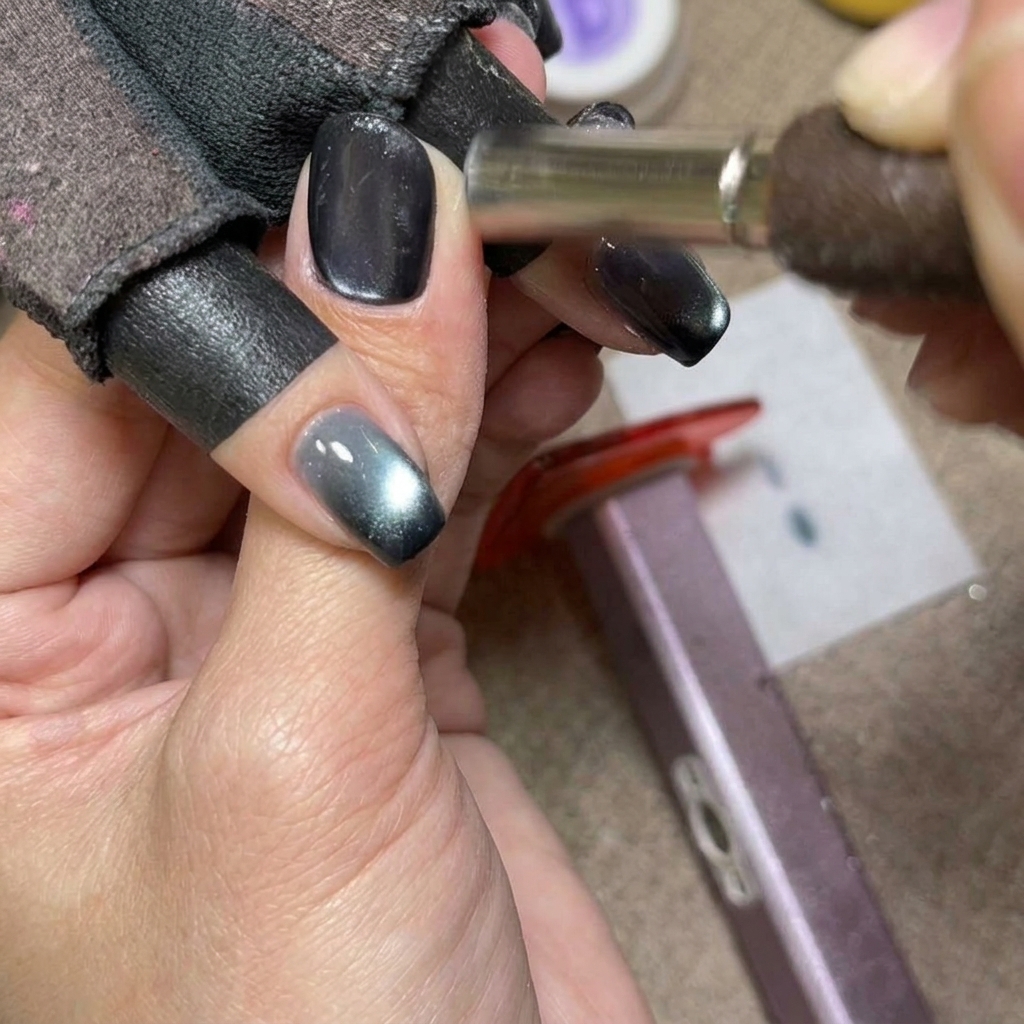 Una herramienta magnética siendo utilizada para refinar el brillo en una uña cat eye azul.