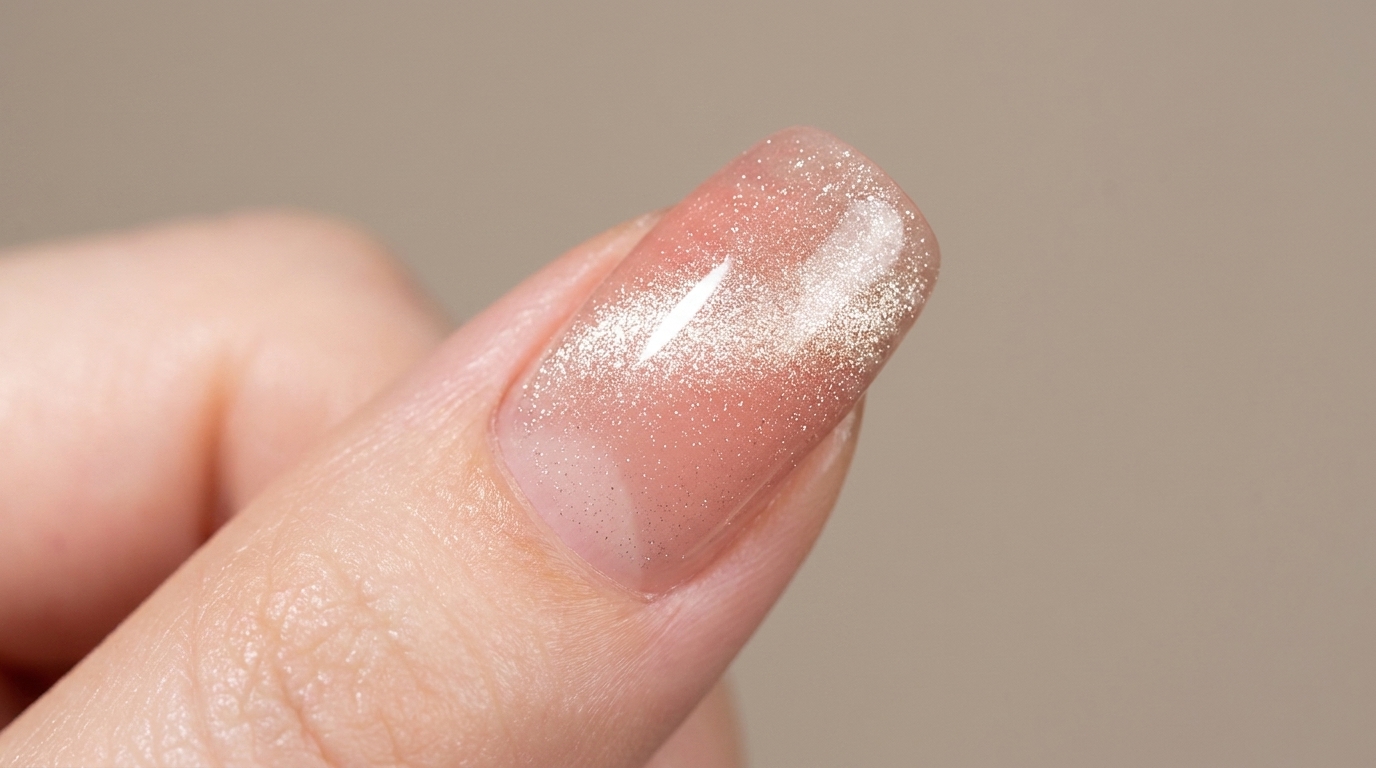Primer plano de una impecable manicura cat eye con degradado rosa melocotón en una uña del pulgar con forma squoval y un amplio destello magnético.