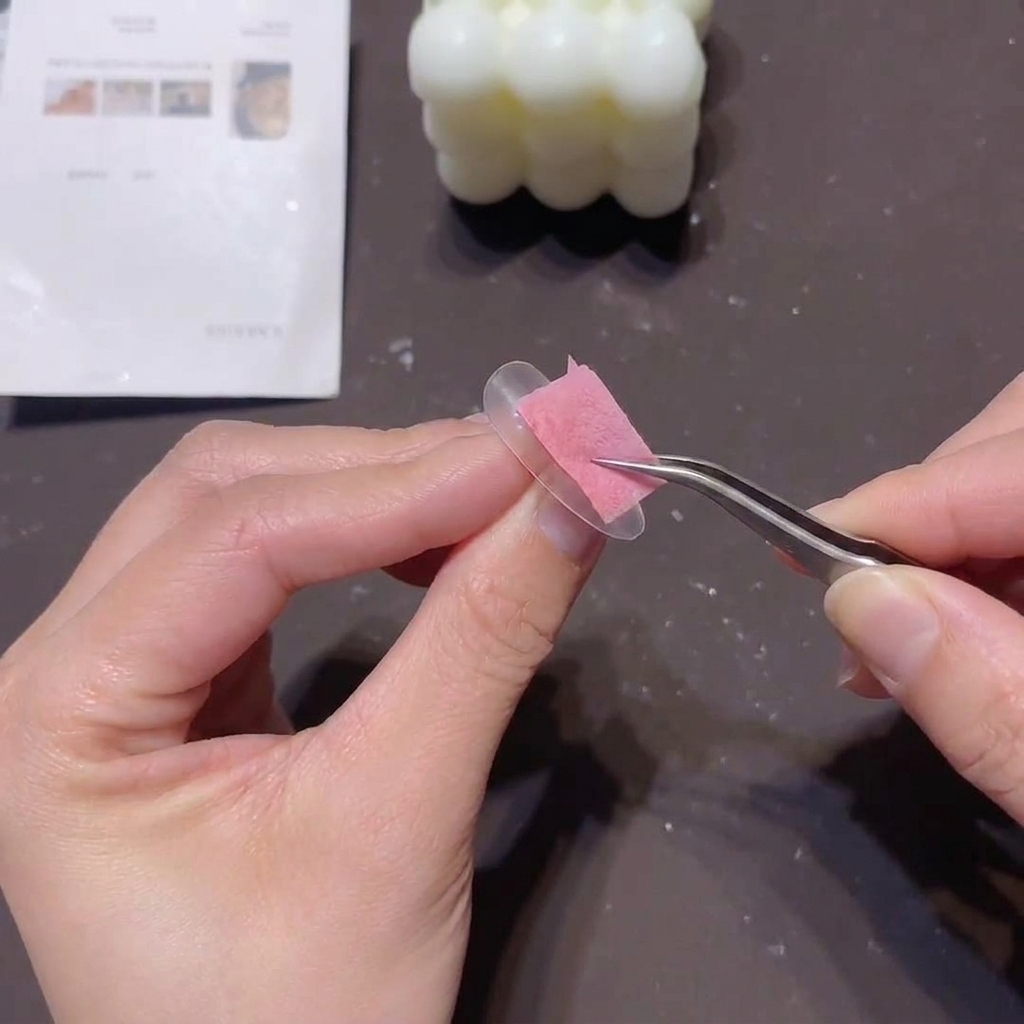 Una persona usando pinzas para sujetar una pequeña esponja rosa, aplicando a toques un gel corrector claro en el borde libre de una uña postiza transparente.