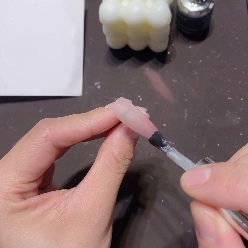 Un pincel de esmalte en gel aplicando una capa generosa de gel Cat-Eye magnético transparente sobre una uña con efecto ombré rosa y transparente.