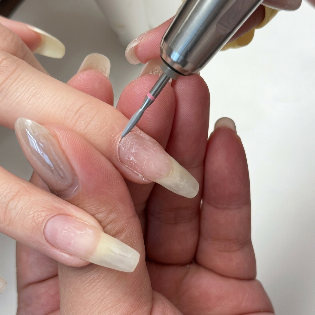 Primer plano de una fresa profesional limpiando suavemente la zona de la cutícula de una uña natural.