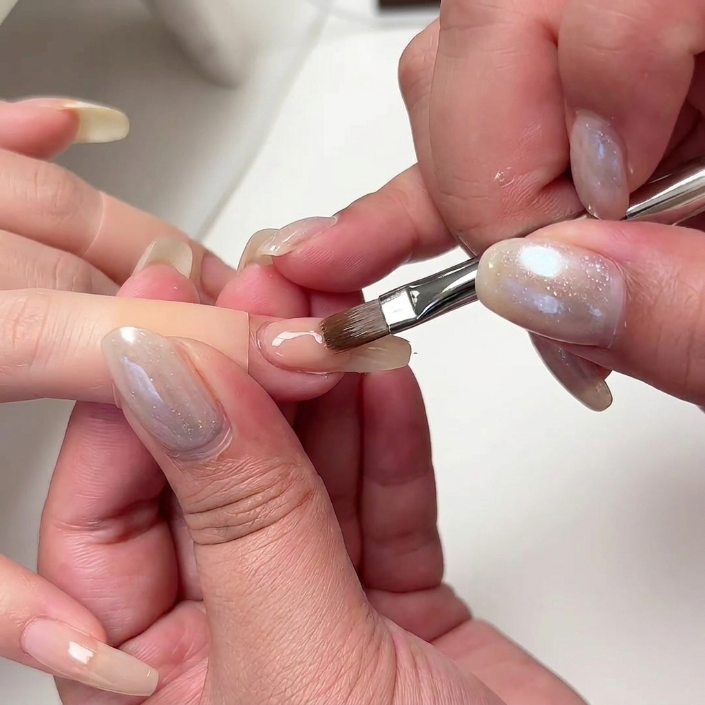 Un pincel aplicando un gel constructor de tono nude en el centro de la uña, distribuyéndolo uniformemente.