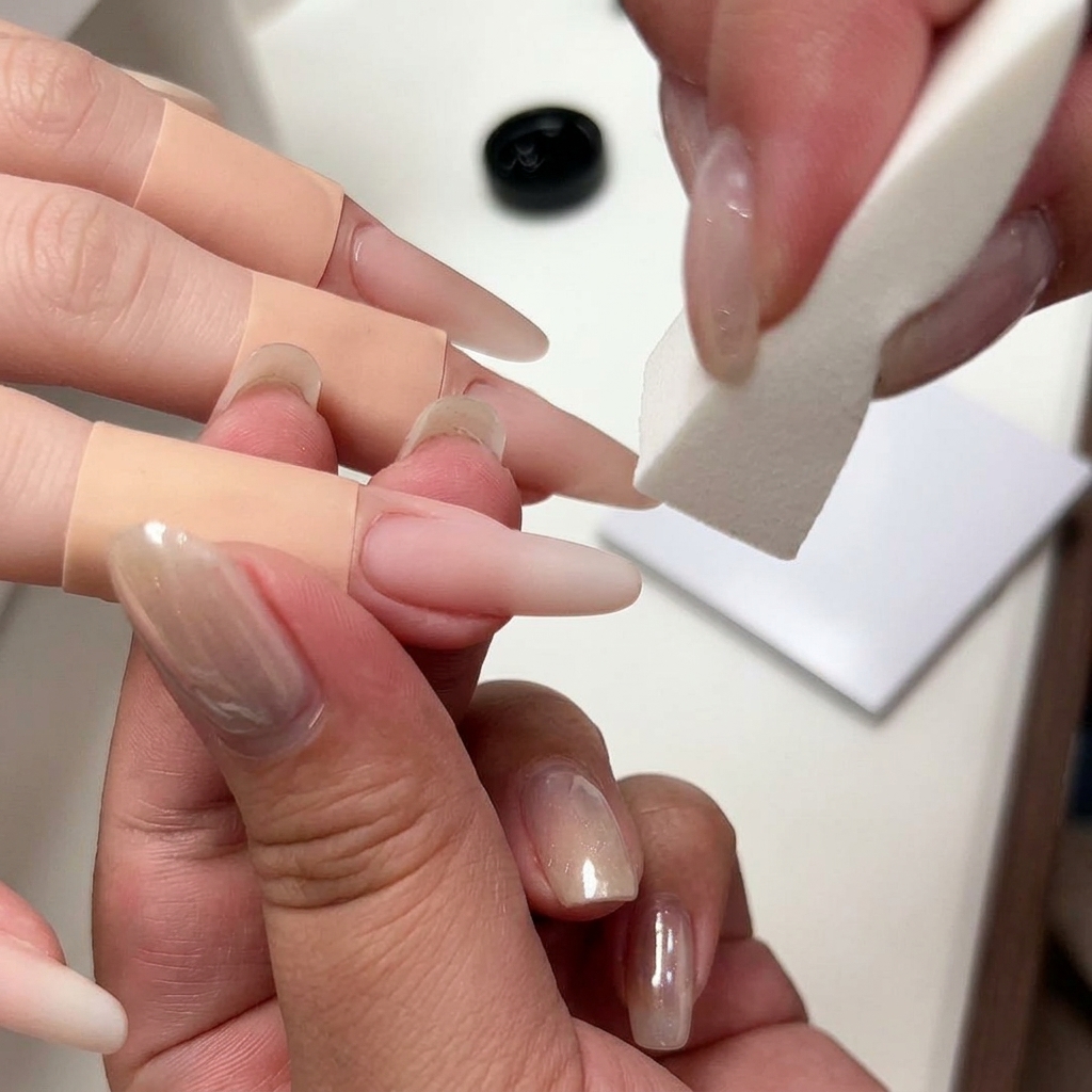 Un bloque pulidor alisando la superficie de una uña de gel estructurada en color nude.