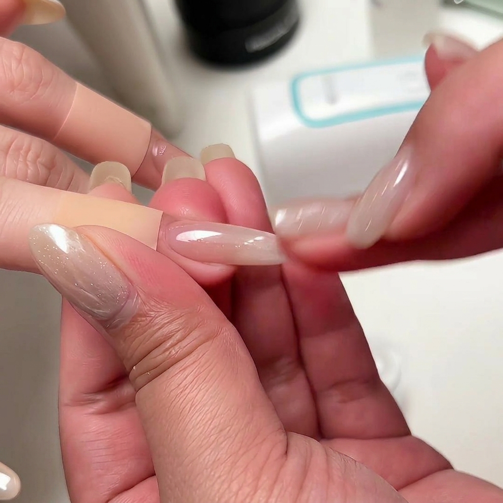 Primer plano de una mano frotando suavemente polvo cromado brillante sobre una uña de gel con ombré blanco lechoso.