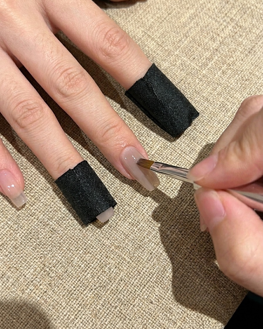 Primer plano de un pincel aplicando gel base transparente sobre una uña natural con una aplicación limpia y uniforme.