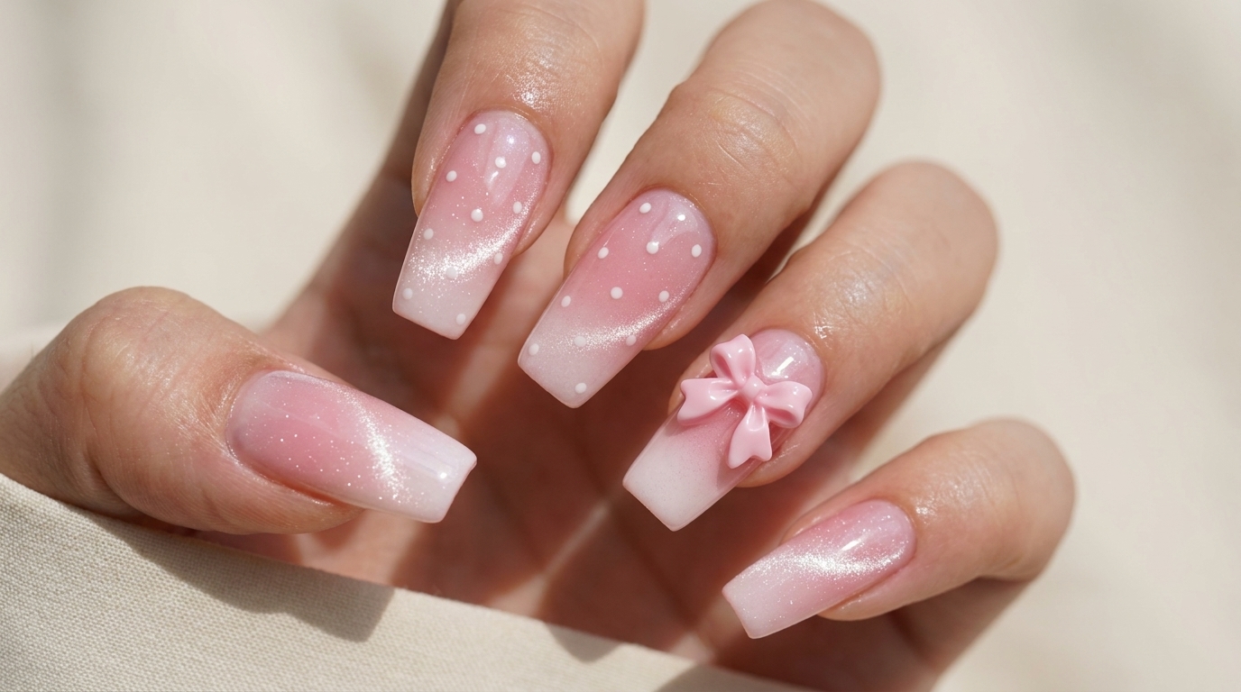 Un dulce y femenino diseño de uñas con degradado rosa, lunares blancos, un brillo tipo ojo de gato y un adorno de lazo rosa en 3D.