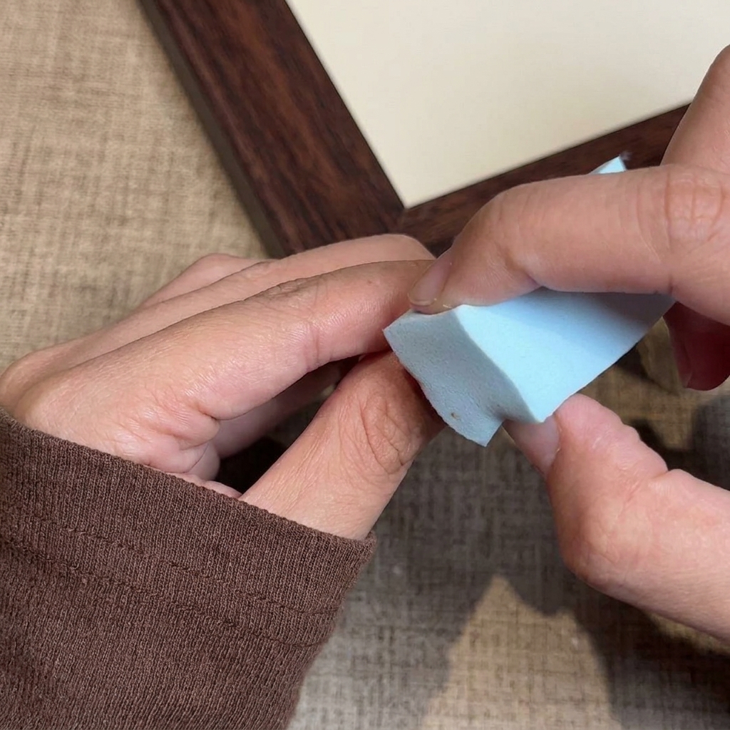 Una esponja de maquillaje siendo presionada sobre una uña para transferir el esmalte en gel y crear el efecto ombré.