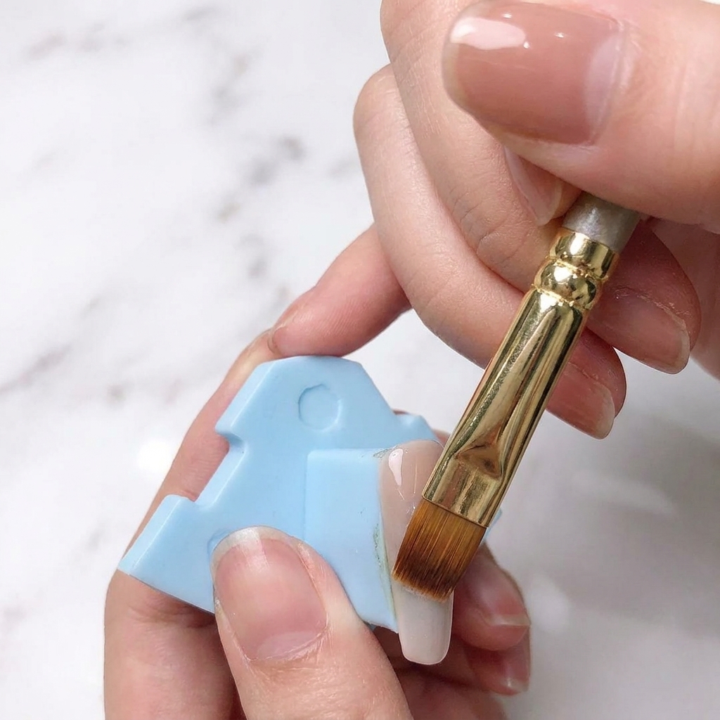 Un pincel para ombré difuminando el esmalte blanco hacia la base rosa para crear un efecto degradado.