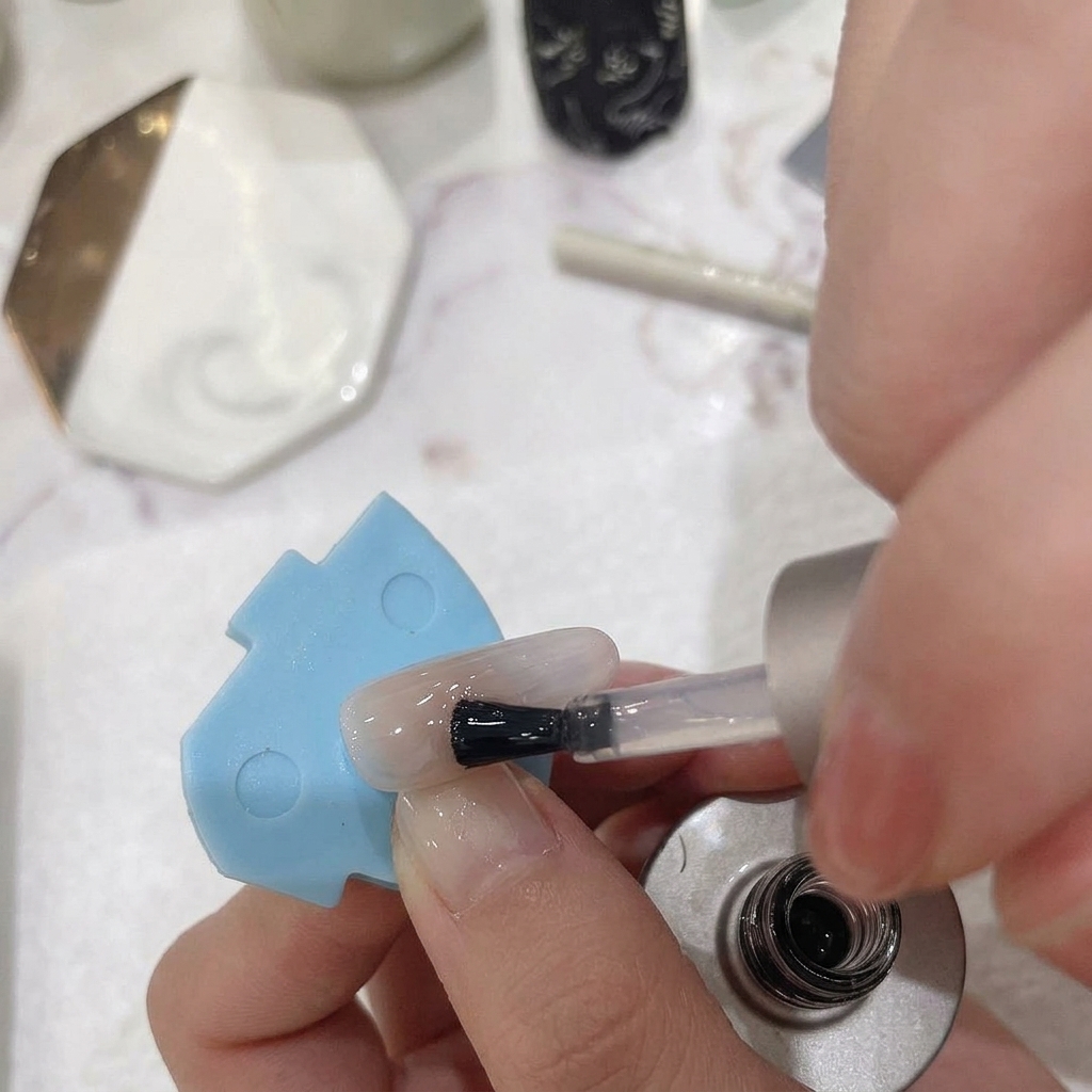 Un pincel aplicando un top coat transparente y brillante sobre una uña ombré en rosa y blanco perfectamente difuminada.