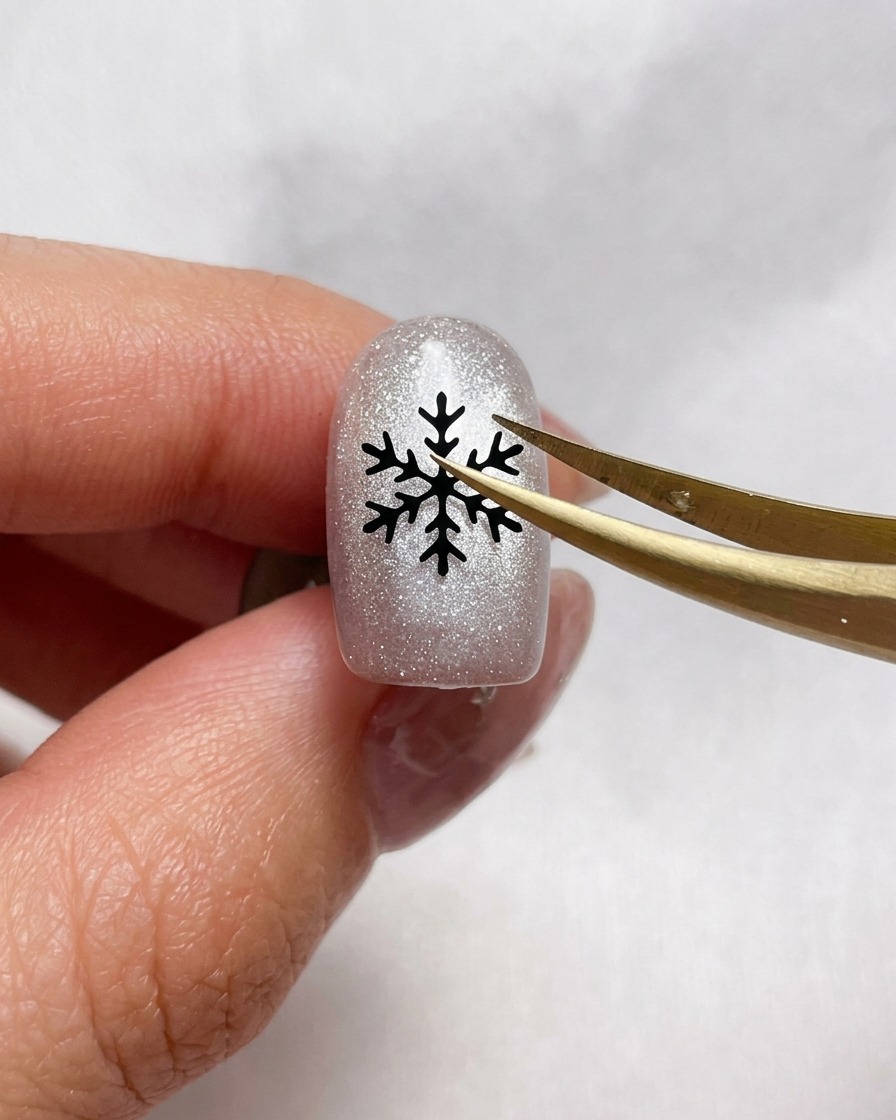 Pinzas sosteniendo una pequeña pegatina de copo de nieve negro sobre una uña pintada con brillo plateado.