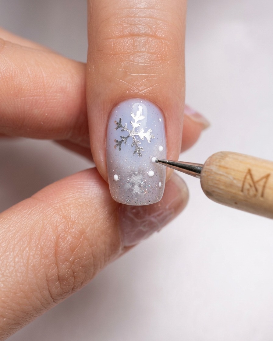 Primer plano de un puntero aplicando minúsculos puntos de gel blanco sobre una uña con temática de invierno azul y plateada.