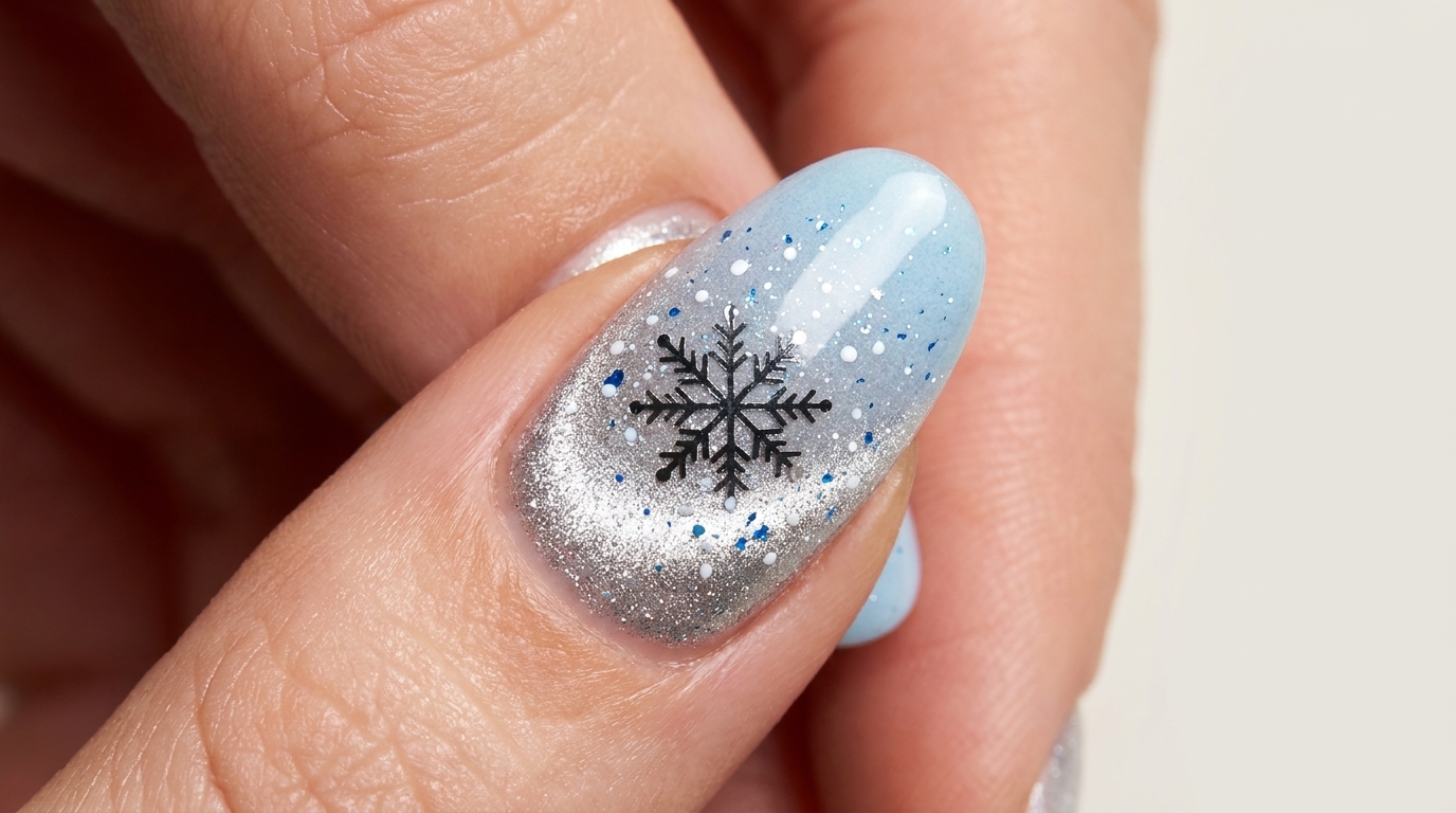 Uña con temática invernal que presenta una base magnética cat-eye plateada, un suave degradado azul claro y un llamativo copo de nieve negro rodeado de delicada nieve cayendo.
