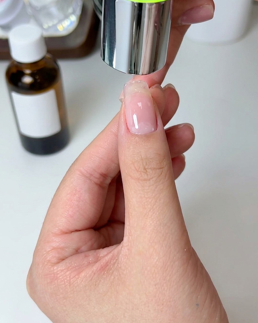 Una mano colocando un dedo bajo una lámpara LED compacta para curar el gel.