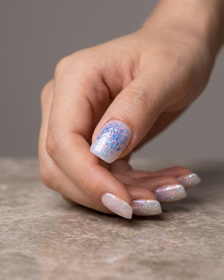 Primer plano de una uña siendo pintada con gel texturizado azul sobre una base jaspeada multicolor preexistente.