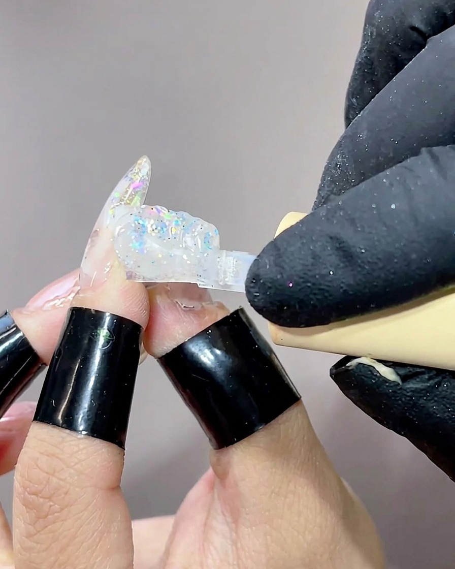 Primer plano de un pincel aplicando un gel de construcción claro y viscoso sobre una uña ya decorada con esmalte efecto aurora.