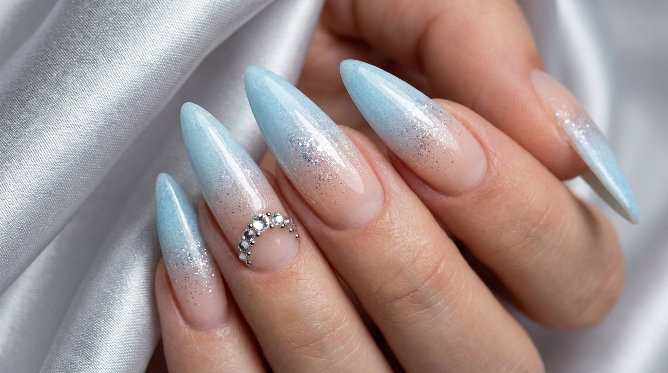 Uñas largas stiletto con un degradado de melocotón lechoso a azul escarchado, una transición de purpurina plateada brillante y elegantes detalles de pedrería de circón.