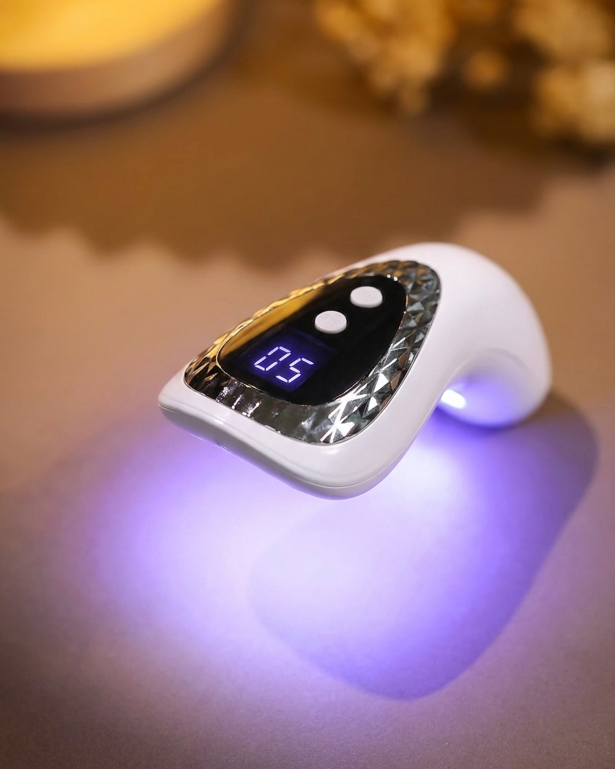 Vista de uñas dentro de una lámpara UV curando bajo una luz violeta azulada brillante.
