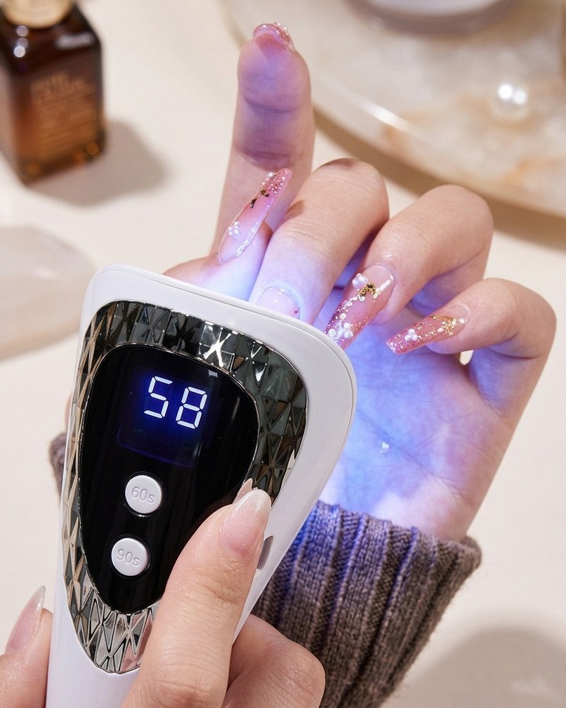 Un pincel delineador siendo usado para colocar con precisión pequeños cristales de pedrería sobre un diseño de uñas.