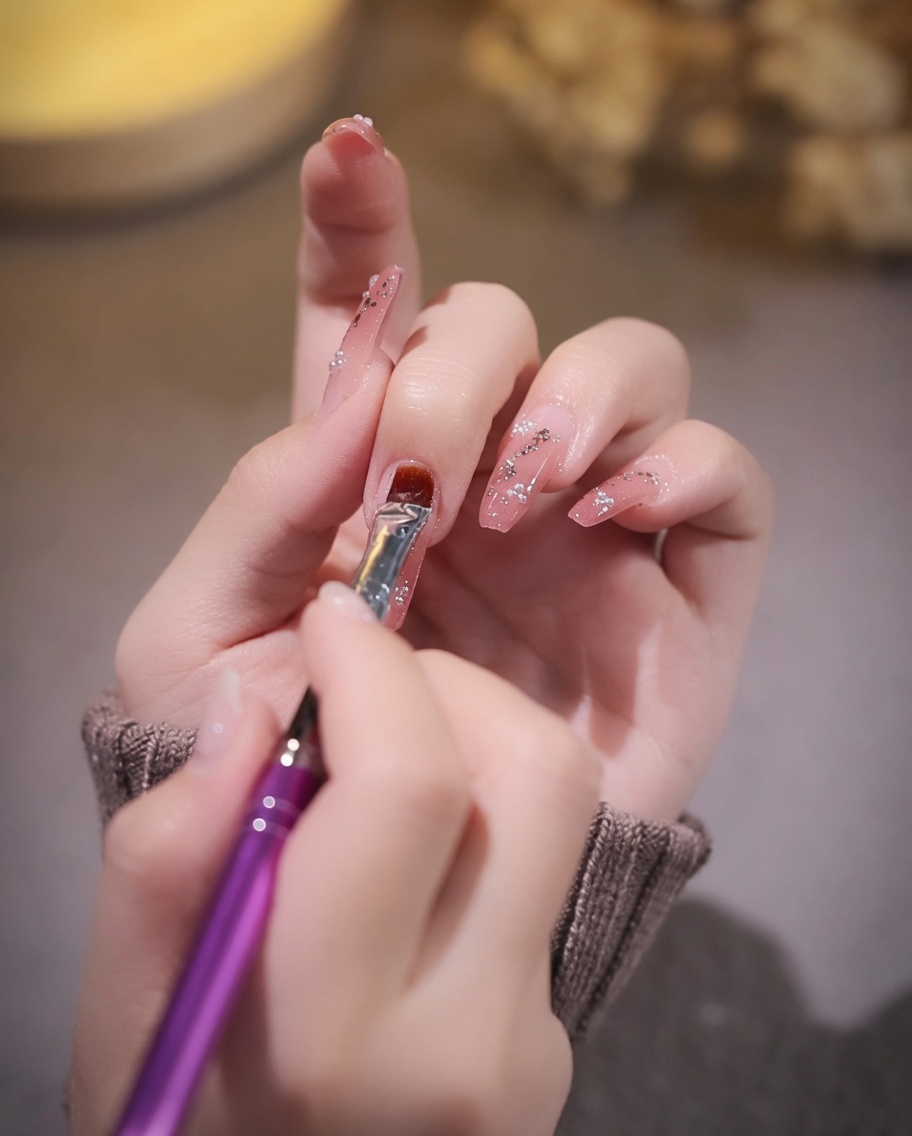 Un pincel de uñas aplicando un top coat transparente y brillante sobre una uña decorada con pan de oro y adornos.