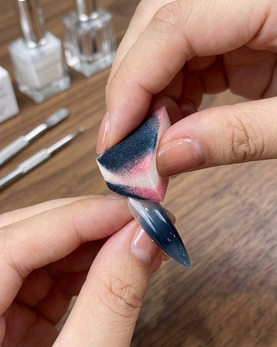 Una esponja de maquillaje aplicando pigmento blanco a toquecitos sobre una uña para crear un efecto de punta francesa de enfoque suave.