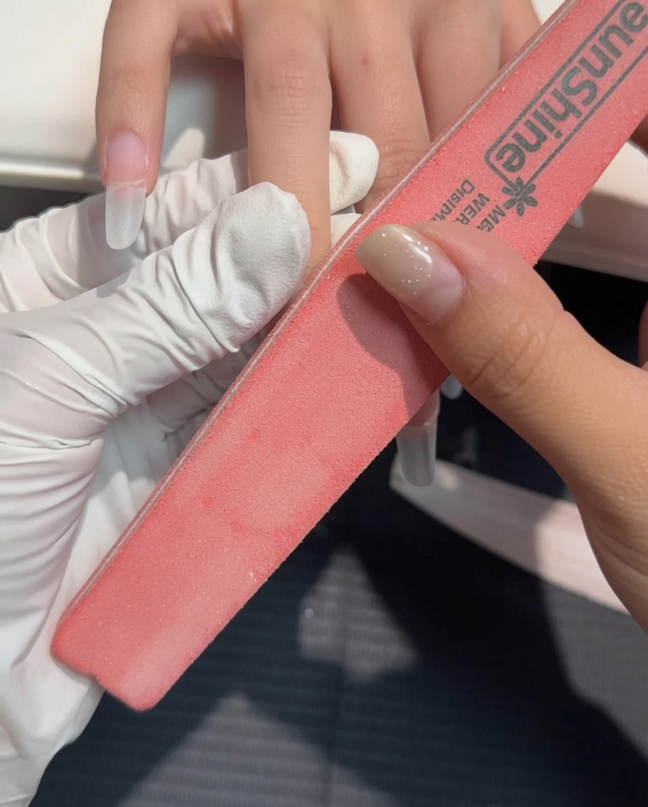 Una mano usando un bloque pulidor rosa para pulir suavemente la superficie superior de la extensión.
