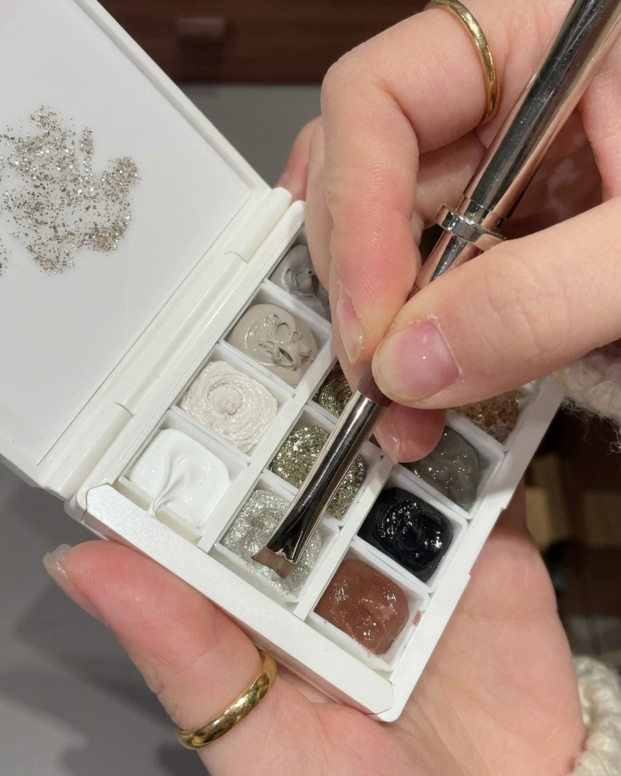 Primer plano de un pincel de nail art recogiendo una pequeña cantidad de gel de purpurina plateada fina de una paleta profesional.