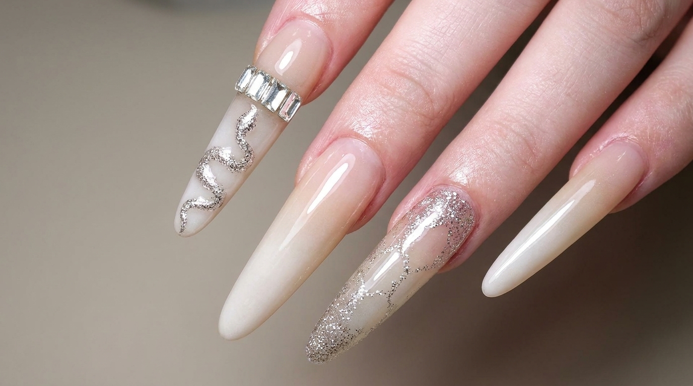 Uñas Stiletto con Degradado Blanco Lechoso, Serpiente Plateada y Pedrería