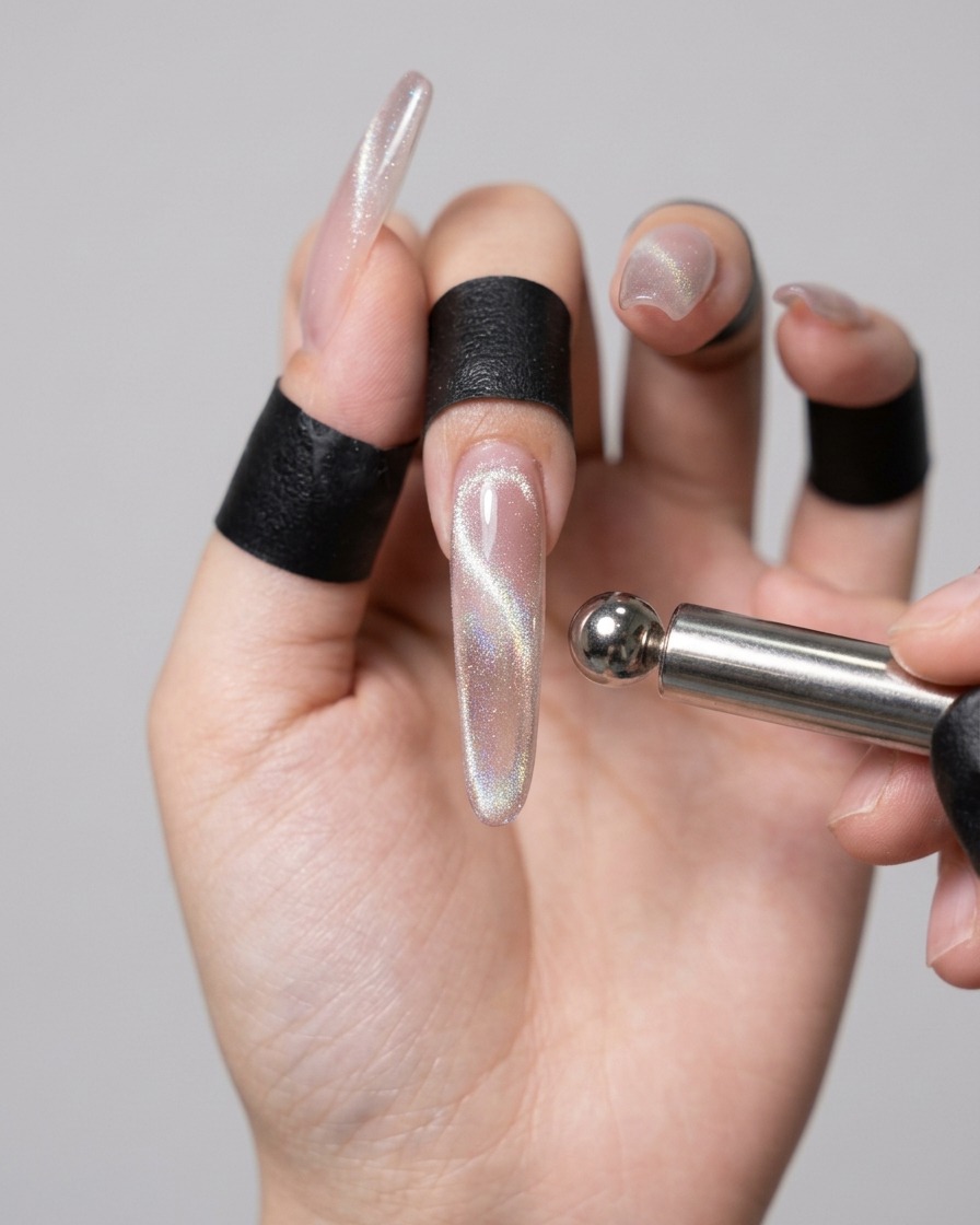 Una herramienta magnética sostenida cerca de una uña con gel húmedo, manipulando el brillo magnético para formar un punto luminoso similar a una perla.