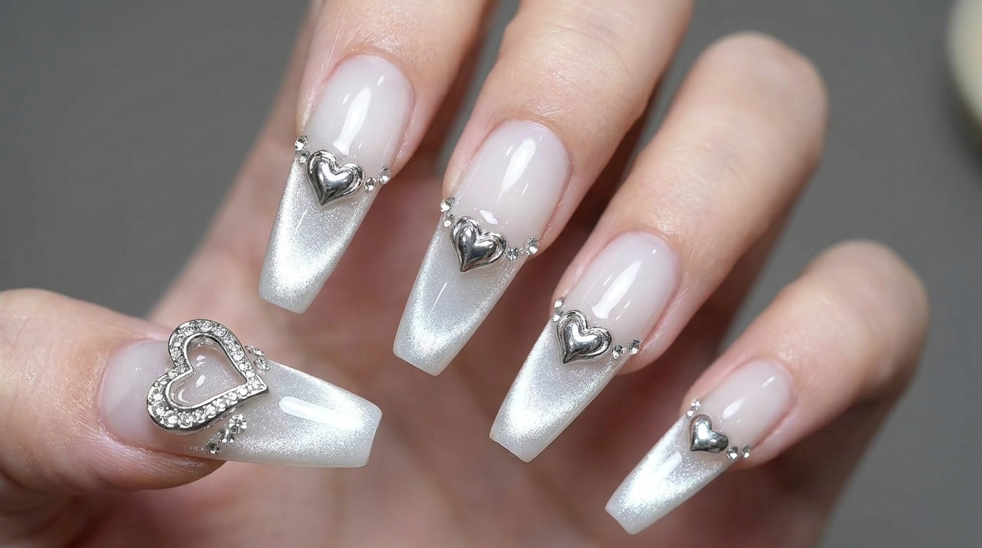 Uñas Ojo de Gato Blanco Lechoso con Charms de Corazón Cromado — Tutorial Paso a Paso