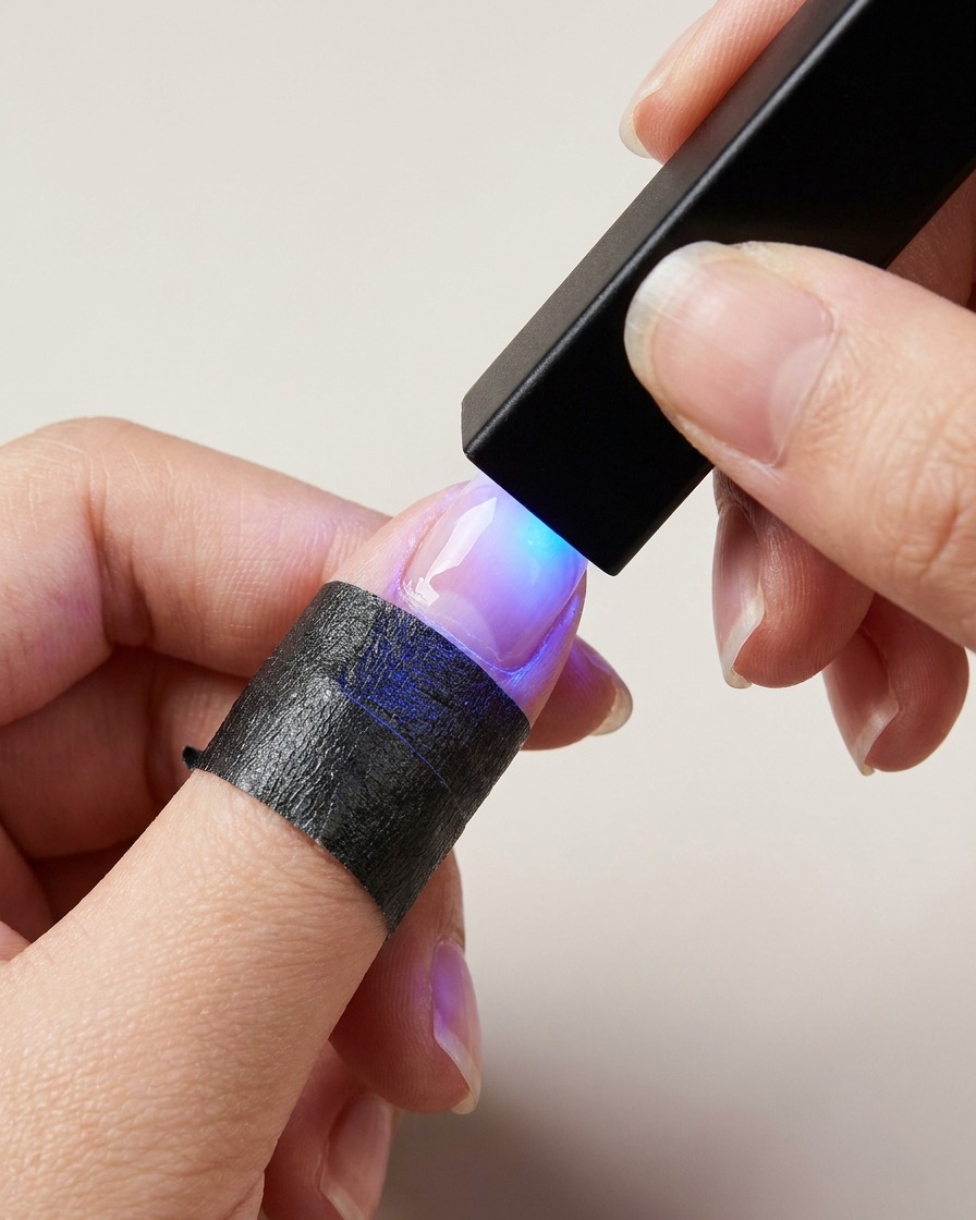Una mano sosteniendo una pequeña lámpara UV/LED rectangular negra sobre una uña para curar una capa de gel transparente.