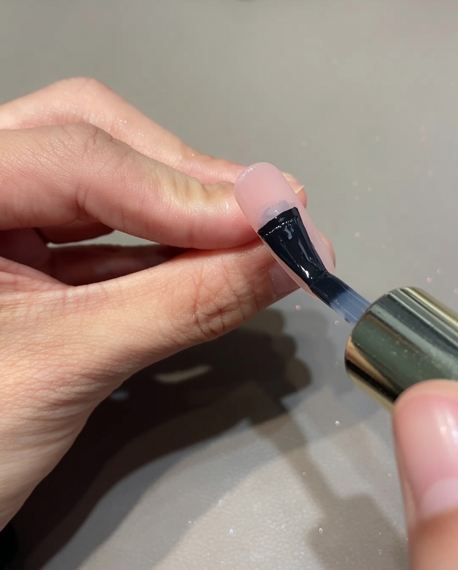 Vista en primer plano de un pincel aplicando gel base transparente sobre una uña.