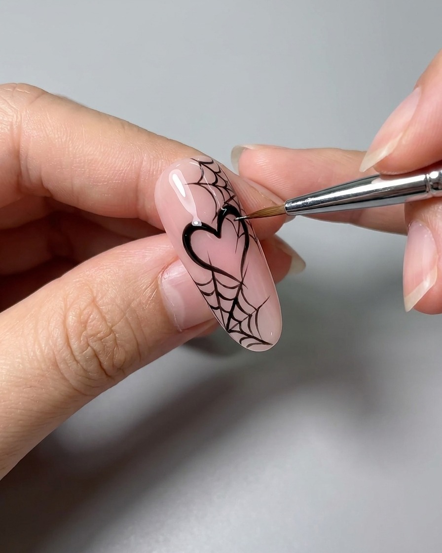 Una herramienta aplicadora dando toques de polvo cromo plateado sobre los diseños de arte de uñas negro.